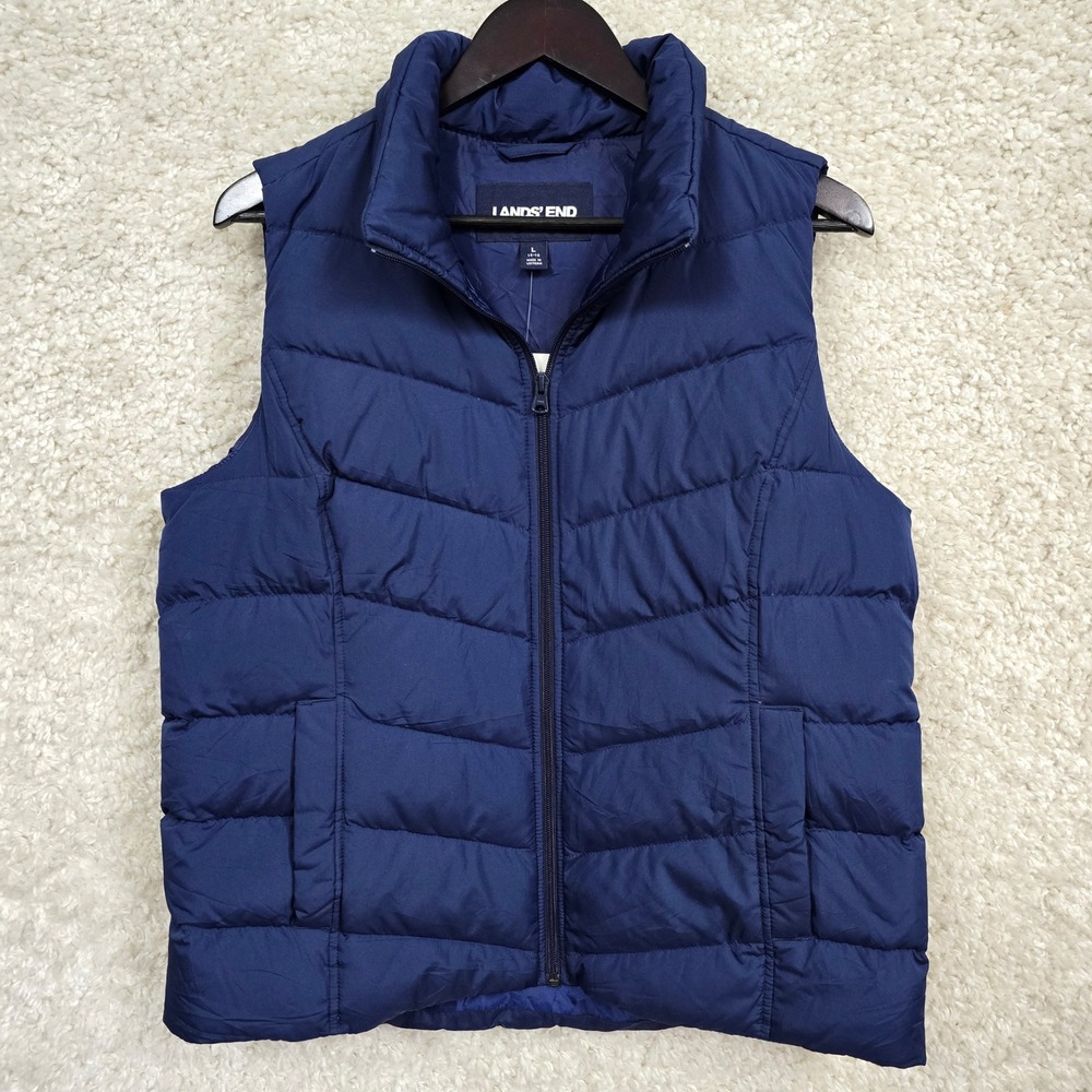Lands‎ End HyperDRY Down Puffer Vest Women Large 14-16 Navy Blue Water Resistant